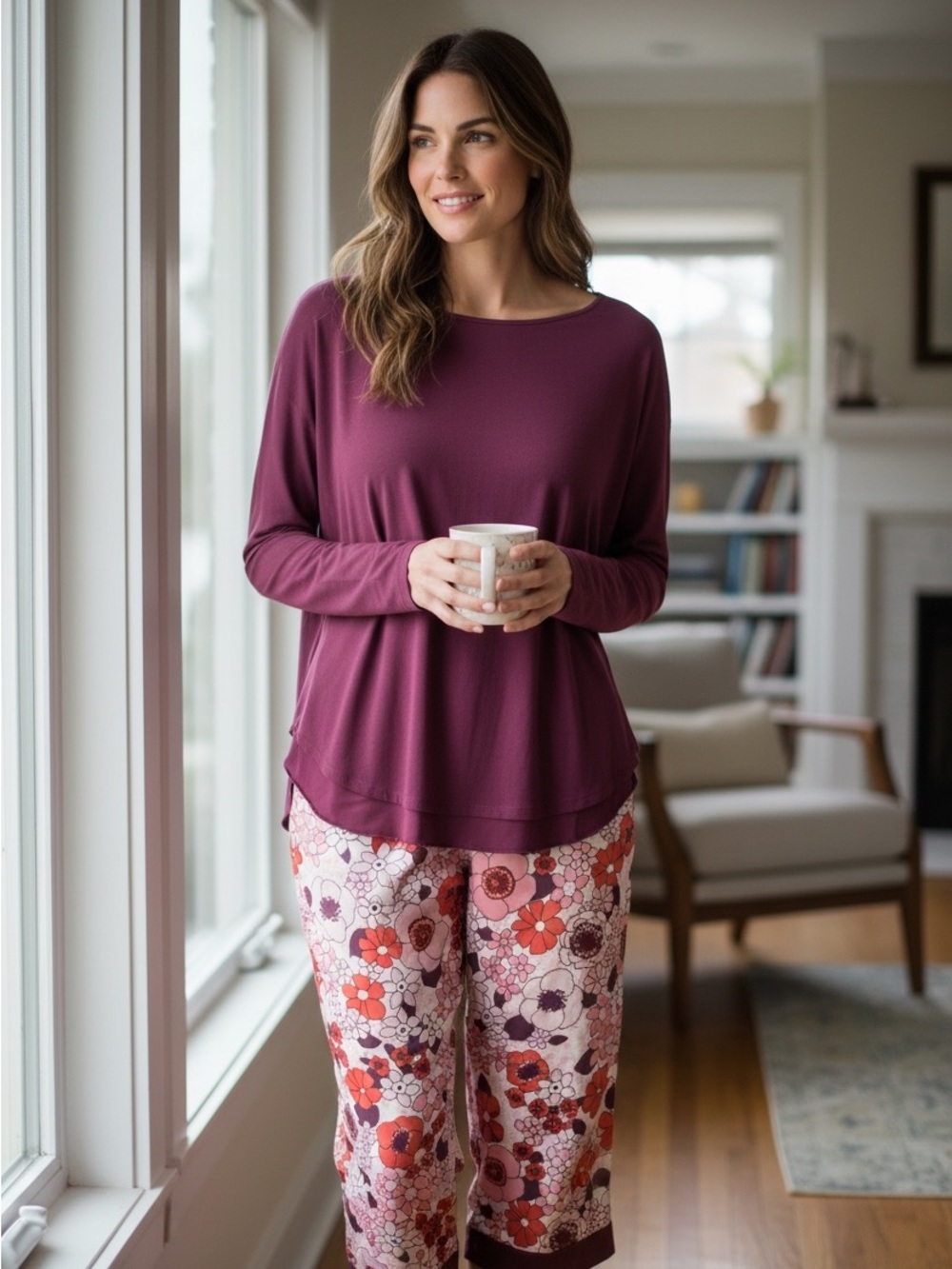 kate spade Plum Long-Sleeve Lounge Top with Floral Crop Satin Pajama Pants Small